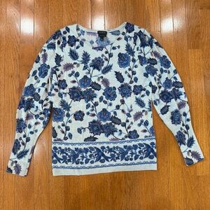 Talbots 100% Pure Merino Wool Floral Puff Sleeve Sweater Womens Small White Blue